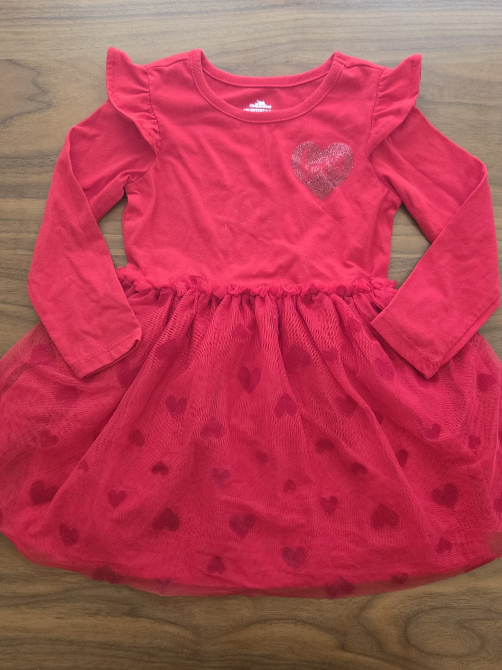 Girls Red Heart Tulle Dress - Long Sleeve